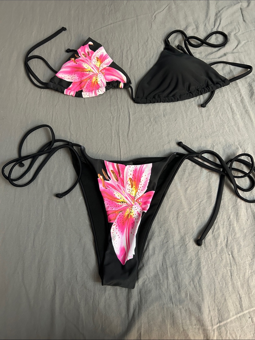 Black Bikini with Pink Floral Panels